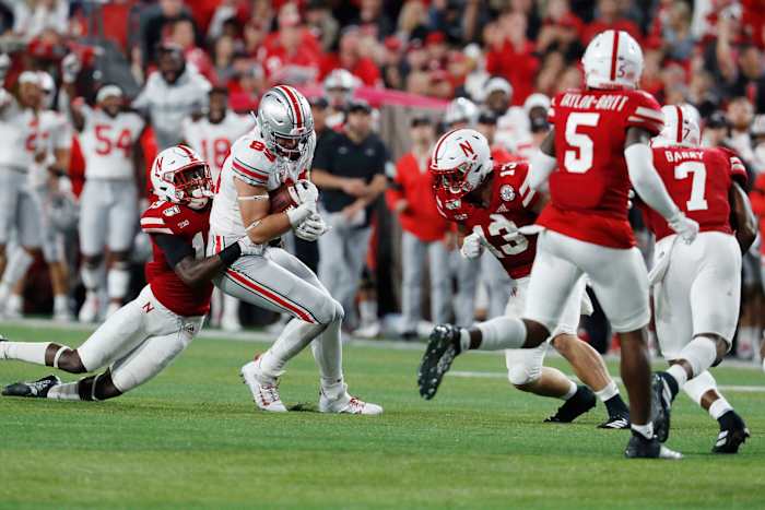 Luke Farrell embracing for contact after a catch last season at Nebraska.